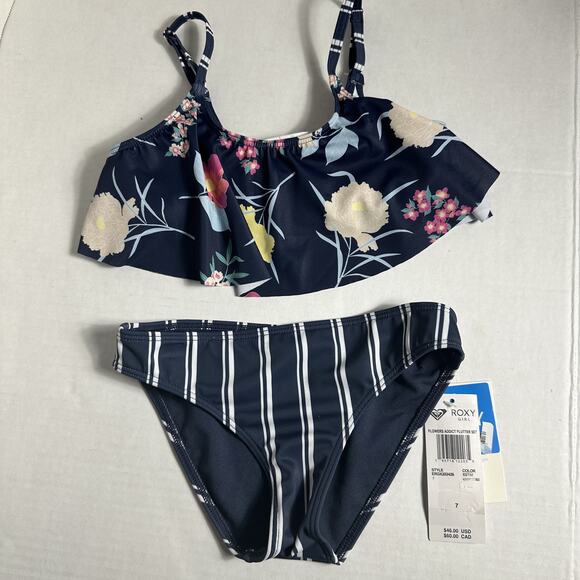 Roxy Girls Flowers Addict Flutter Bikini Swimsuit Set Size 7 NWT - Picture 3 of 7